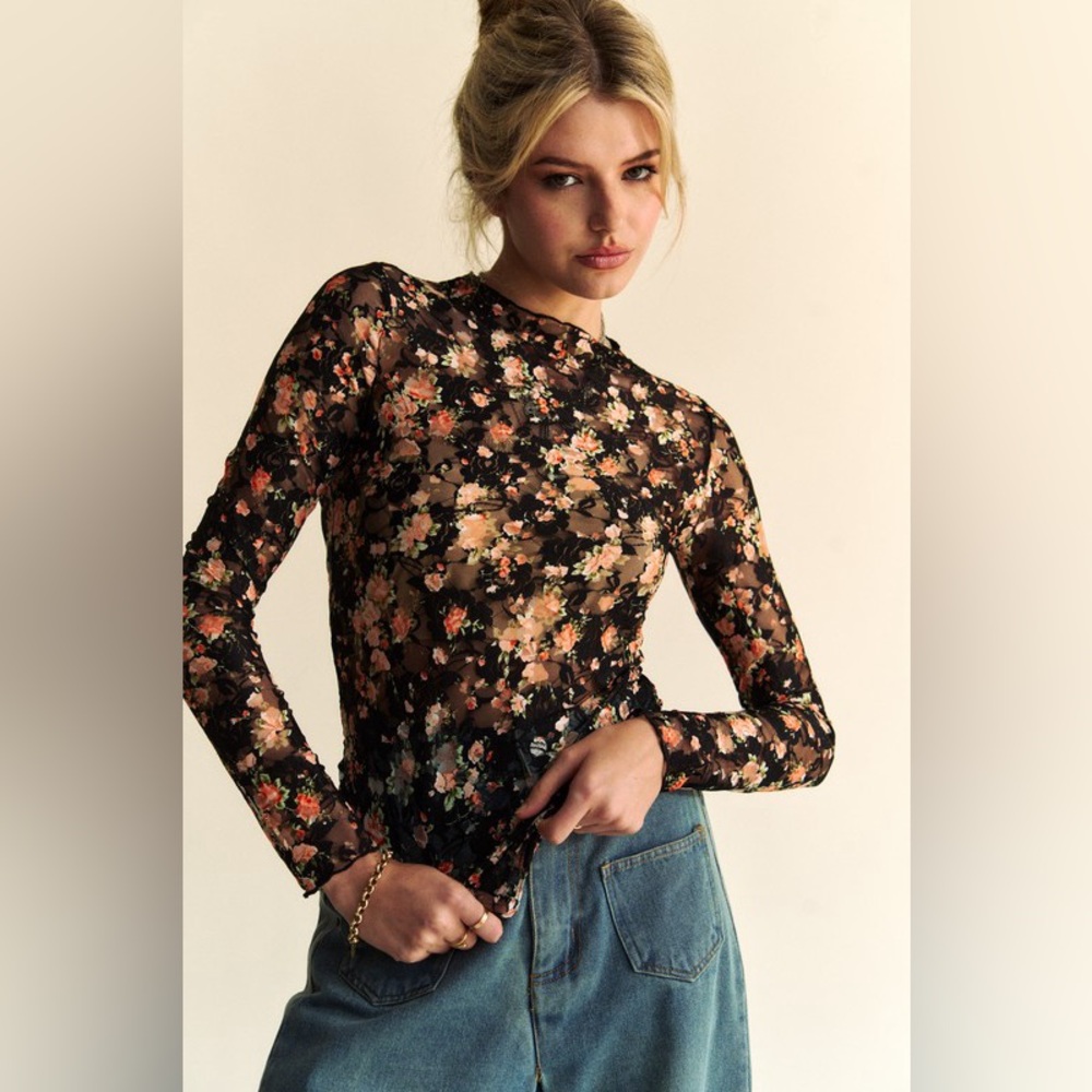 🟠293B. Floral Black Mesh Sheer Top